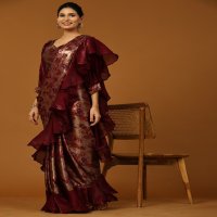 AMOHA 101110 FANCY READY TO WEAR FLORAL RUFFLE BORDER SAREE WITH ORGANZA PRINTED BLOUSE CATALOG