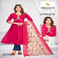 Shagun Textile Unique Wholesale Roman Silk Embroidery Kurti With Pant And Dupatta