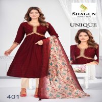 Shagun Textile Unique Wholesale Roman Silk Embroidery Kurti With Pant And Dupatta