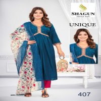 Shagun Textile Unique Wholesale Roman Silk Embroidery Kurti With Pant And Dupatta