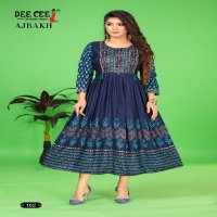 DEE CEE PRESENTS AJRAKH HIT DESIGN FULLY STITCH RAYON FLARED LONG GOWN COLLECTION