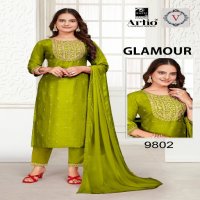 Artio Glamour Wholesale Vichitra Silk With Neck And Butti Work Kurti With Pant And Dupatta Combo