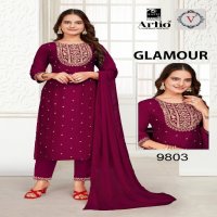Artio Glamour Wholesale Vichitra Silk With Neck And Butti Work Kurti With Pant And Dupatta Combo