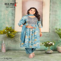 Dee Cee Sitara Wholesale Rayon Foil Print Ghera Kurtis With Pant And Dupatta