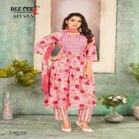 Dee Cee Sitara Wholesale Rayon Foil Print Ghera Kurtis With Pant And Dupatta