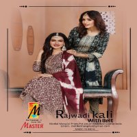 Master Rajwadi Kali With Belt Wholesale Rayon Foil Print Kurtis With Pant And Dupatta