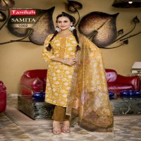 Taniksh Samita Vol-1 Wholesale Vartical Print Fabrics Tops With Pant And Dupatta