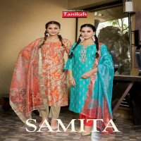 Taniksh Samita Vol-1 Wholesale Vartical Print Fabrics Tops With Pant And Dupatta