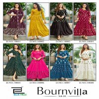 bournvilla vol 10 blue hills print rayon readymade big size frill gown