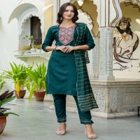 Aadhya Wholesale Cotton With Embroidery Work Kurti With Pant And Dupatta