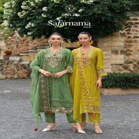 Kailee Safarnama Vol-5 Wholesale Pure Viscose Muslin Self Schiffli Work Kurtis With Pant And Dupatta