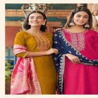 Rangmaya Banarasi Wholesale Roman Fabrics Kurti With Pant And Dupatta