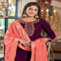 Rangmaya Banarasi Wholesale Roman Fabrics Kurti With Pant And Dupatta