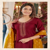 Rangmaya Banarasi Wholesale Roman Fabrics Kurti With Pant And Dupatta