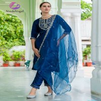 VredeVogel Jinaa Wholesale Silk With Neck Embroidery Kurti Pant With Dupatta