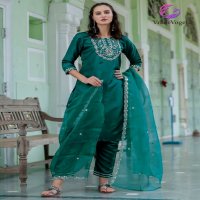 VredeVogel Jinaa Wholesale Silk With Neck Embroidery Kurti Pant With Dupatta