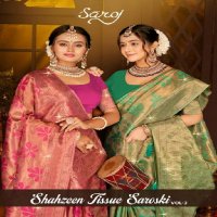 Saroj Shahzeen Tissue Saroski Vol-3 Wholesale Heavy Satin Fabrics Sarees