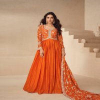 Aashirwad Kesariya Wholesale Chinon Silk Gown With Dupatta Free Size Stitched Suits