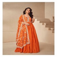 Aashirwad Kesariya Wholesale Chinon Silk Gown With Dupatta Free Size Stitched Suits