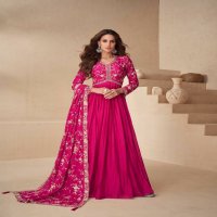 Aashirwad Kesariya Wholesale Chinon Silk Gown With Dupatta Free Size Stitched Suits