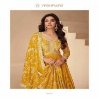Aashirwad Kesariya Wholesale Chinon Silk Gown With Dupatta Free Size Stitched Suits