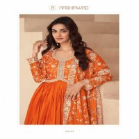 Aashirwad Kesariya Wholesale Chinon Silk Gown With Dupatta Free Size Stitched Suits