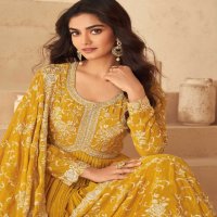 Aashirwad Kesariya Wholesale Chinon Silk Gown With Dupatta Free Size Stitched Suits