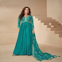 Aashirwad Kesariya Wholesale Chinon Silk Gown With Dupatta Free Size Stitched Suits