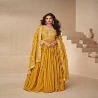 Aashirwad Kesariya Wholesale Chinon Silk Gown With Dupatta Free Size Stitched Suits