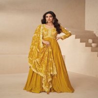 Aashirwad Kesariya Wholesale Chinon Silk Gown With Dupatta Free Size Stitched Suits