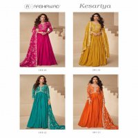Aashirwad Kesariya Wholesale Chinon Silk Gown With Dupatta Free Size Stitched Suits