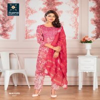 mayuri by jiyana embroidery work foil print rayon readymade suits