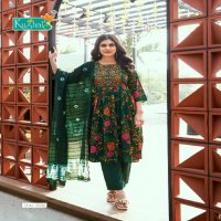 Kushals Morni Vol-3 Wholesale Rinkle Fabrics Naira Cut Kurtis With Pant And Dupatta
