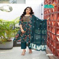 Kushals Morni Vol-3 Wholesale Rinkle Fabrics Naira Cut Kurtis With Pant And Dupatta
