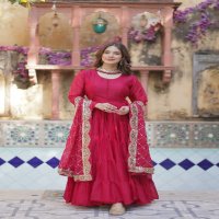 Desirable Women's Fully Flair Gown Made With Star Georgette Fabrics and Designer Embroidered Dupatta