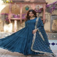 Desirable Women's Fully Flair Gown Made With Star Georgette Fabrics and Designer Embroidered Dupatta