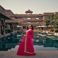 mahotsav Nx by sayuri designer chinon silk embroidered full stitch indo western dress