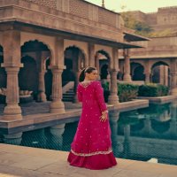 mahotsav Nx by sayuri designer chinon silk embroidered full stitch indo western dress