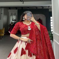 LNB 1229 STYLISH TUSSAR SILK BANDHEJ PRINT STITCH LEHENGA UNSTITCH CHOLI