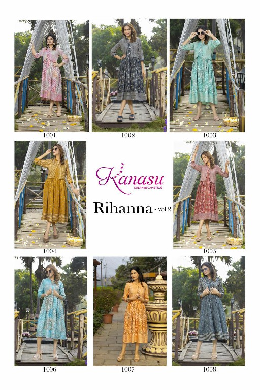 Kanasu Rihanna Vol-2 Wholesale 14 Kg Reyon Long Kurtis With Koti Catalogs