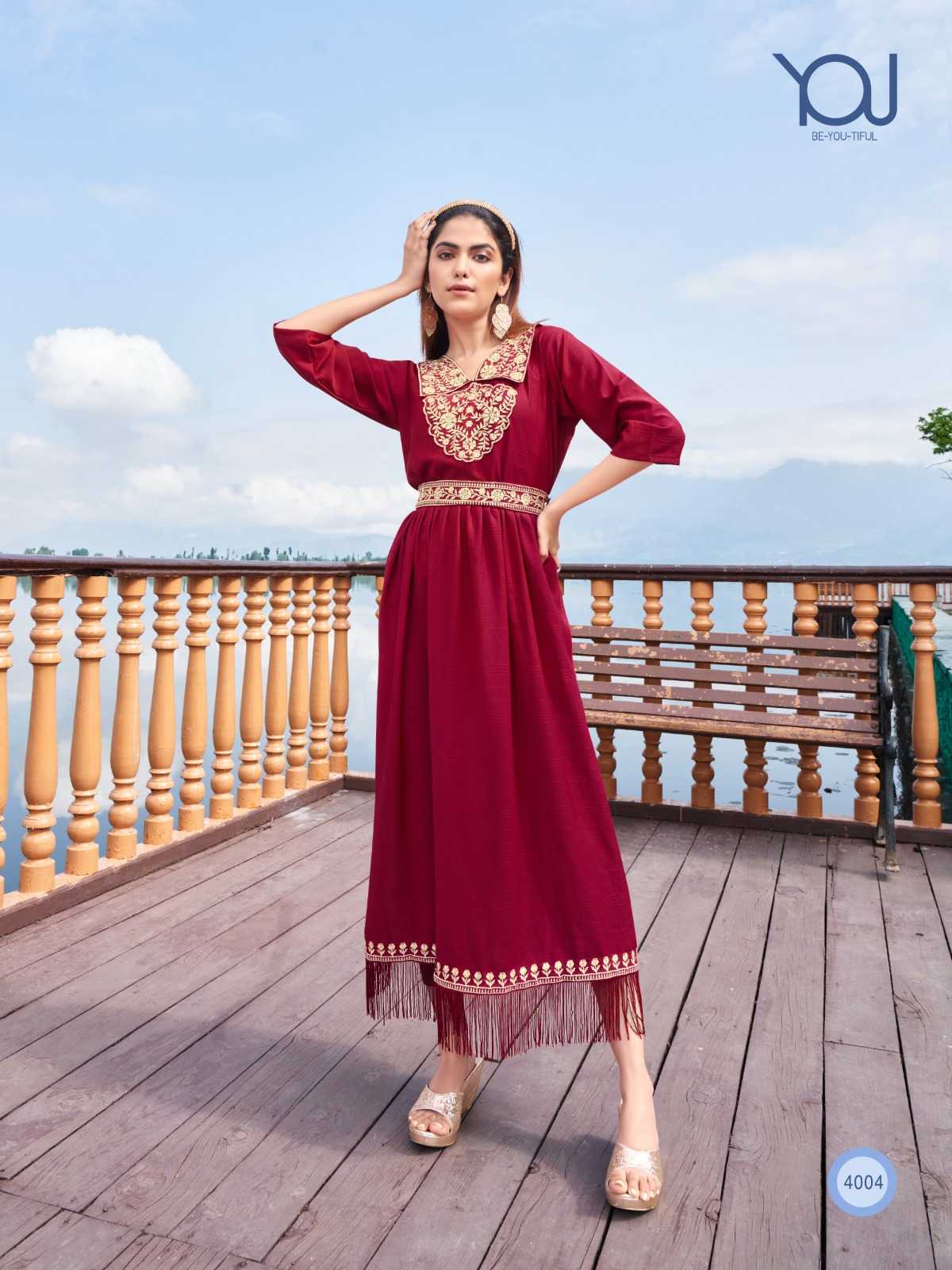 YOU BY WANNA CHARMY FANCY WORK RAYON KURTI GOWN WITH BELT CATALOG