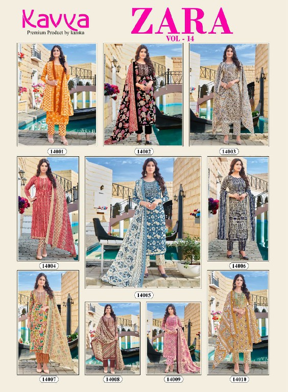 Kavya Zara Vol-14 Wholesale Readymade Pure Cambric Cotton Top With Pants And Dupatta