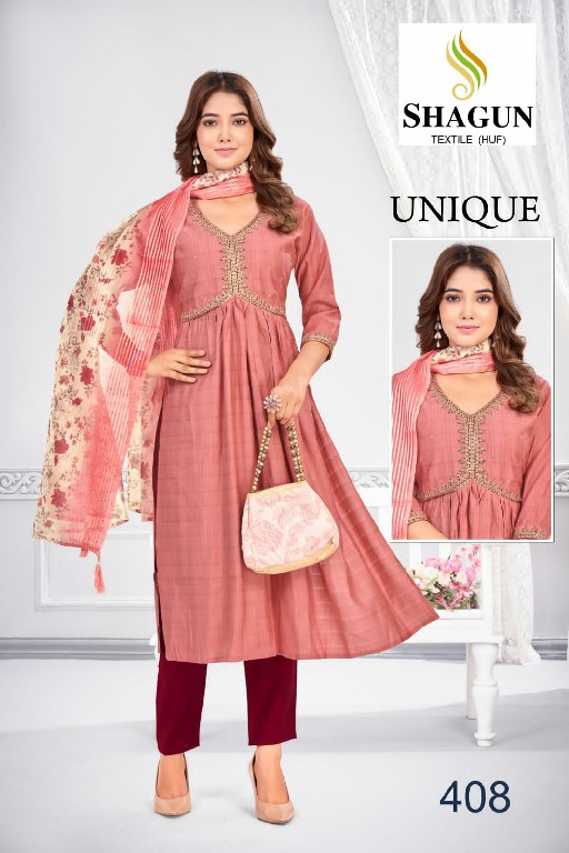 Shagun Textile Unique Wholesale Roman Silk Embroidery Kurti With Pant And Dupatta