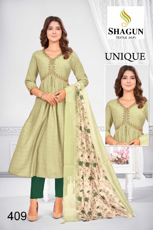 Shagun Textile Unique Wholesale Roman Silk Embroidery Kurti With Pant And Dupatta