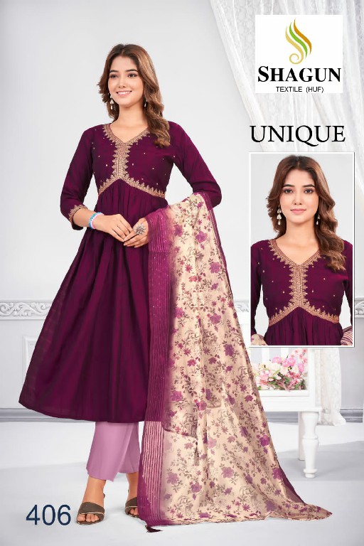 Shagun Textile Unique Wholesale Roman Silk Embroidery Kurti With Pant And Dupatta