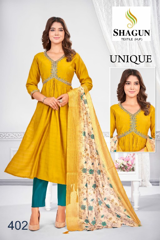 Shagun Textile Unique Wholesale Roman Silk Embroidery Kurti With Pant And Dupatta