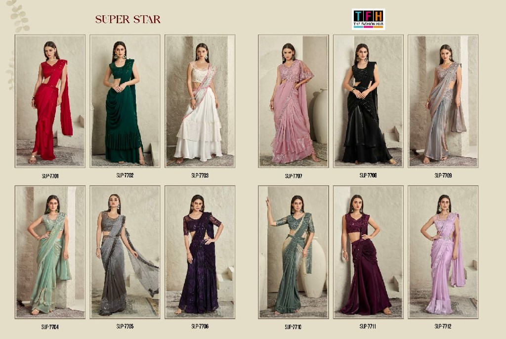 TFH SUPER STAR VOL 2 7701-7712 READY TO WEAR DESIGNER SAREES WITH BELT AND UNSTITCH BLOUSE