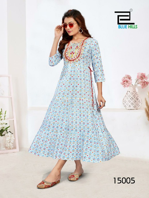 Blue Hills Sarfaraz Vol-15 Wholesale Neck Embroidery Gown Style Kurtis