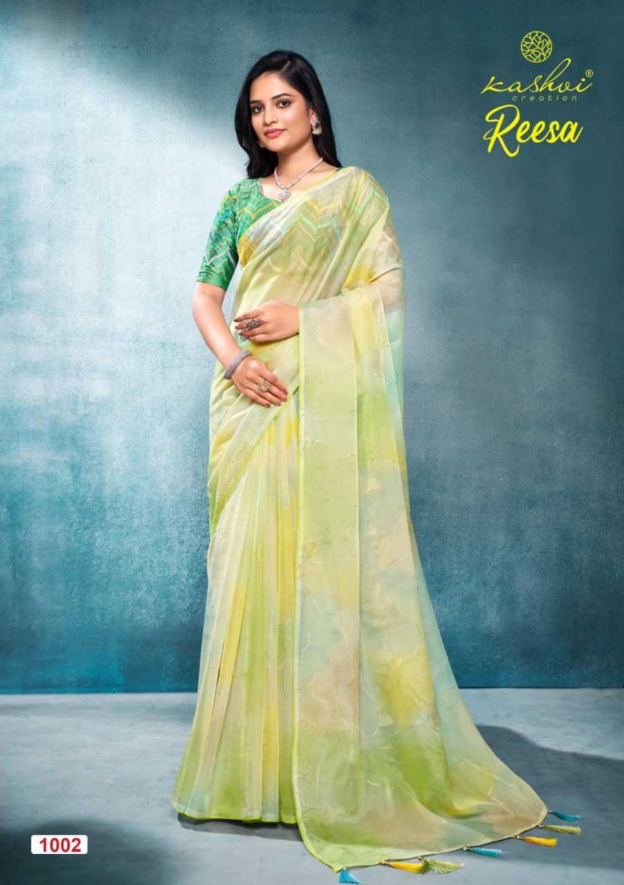 KASHVI CREATION REESA CRYSTAL ORGANZA PARTY WEAR SAREES WITH EMBROIDERY BLOUSE