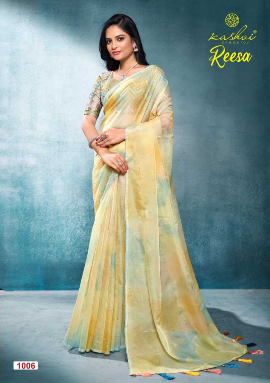KASHVI CREATION REESA CRYSTAL ORGANZA PARTY WEAR SAREES WITH EMBROIDERY BLOUSE